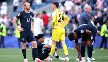 Tim Ream #13 and Matt Freese #24 of the United States react after the 1-4 loss during the FIFA World Cup 2026 Round of 16 match between USA and Belgium at Seattle Stadium on July 06, 2026.