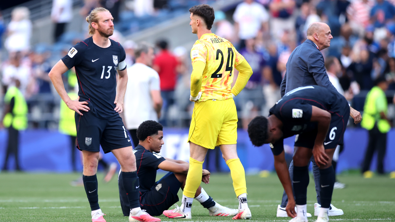 Tim Ream #13 and Matt Freese #24 of the United States react after the 1-4 loss during the FIFA World Cup 2026 Round of 16 match between USA and Belgium at Seattle Stadium on July 06, 2026.