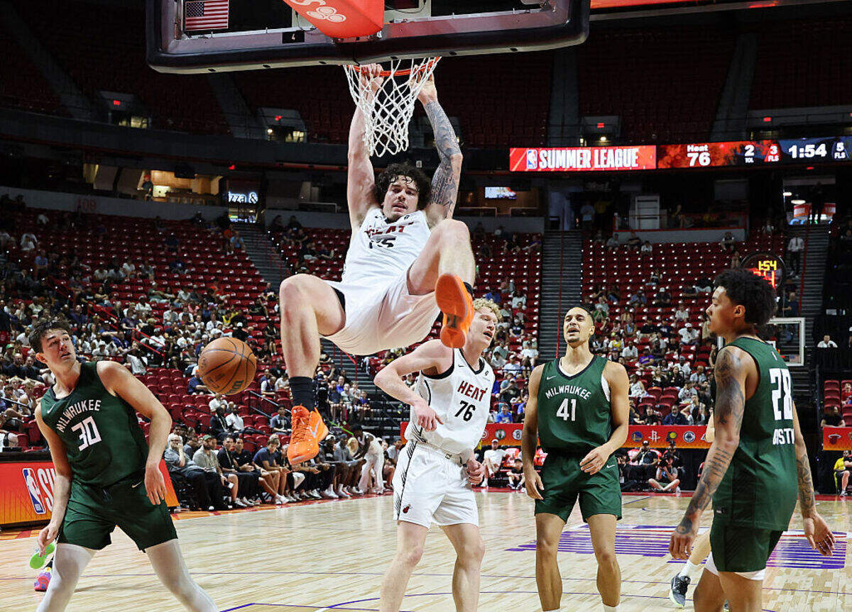 Ian Schieffelin #75 of the Miami Heat dunks against the Milwaukee Bucks in the second half of a 2026 NBA Summer League game at the Thomas & Mack Center on July 10, 2026 in Las Vegas.