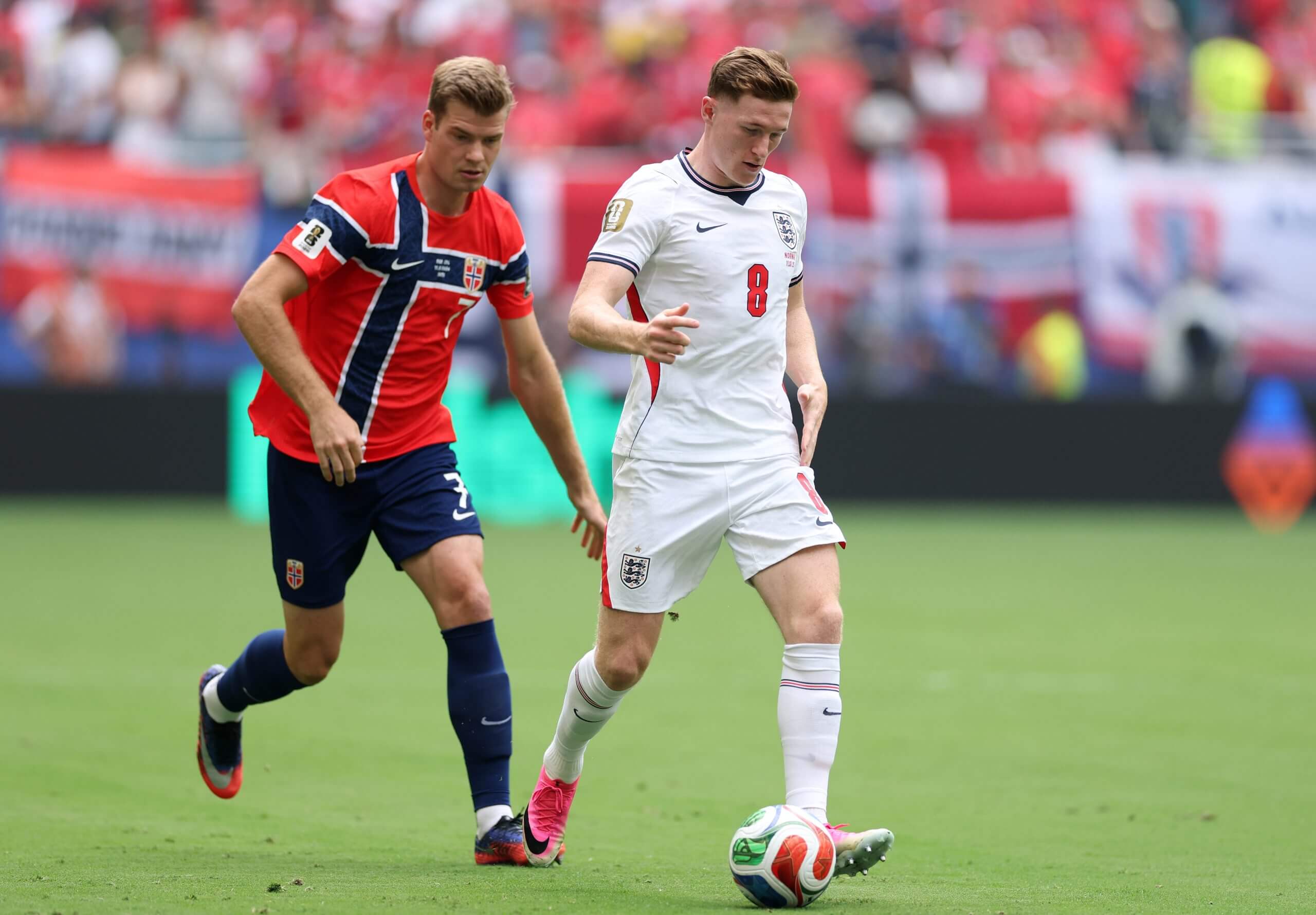 Elliot Anderson shields the ball from Norway's Alexander Sorloth