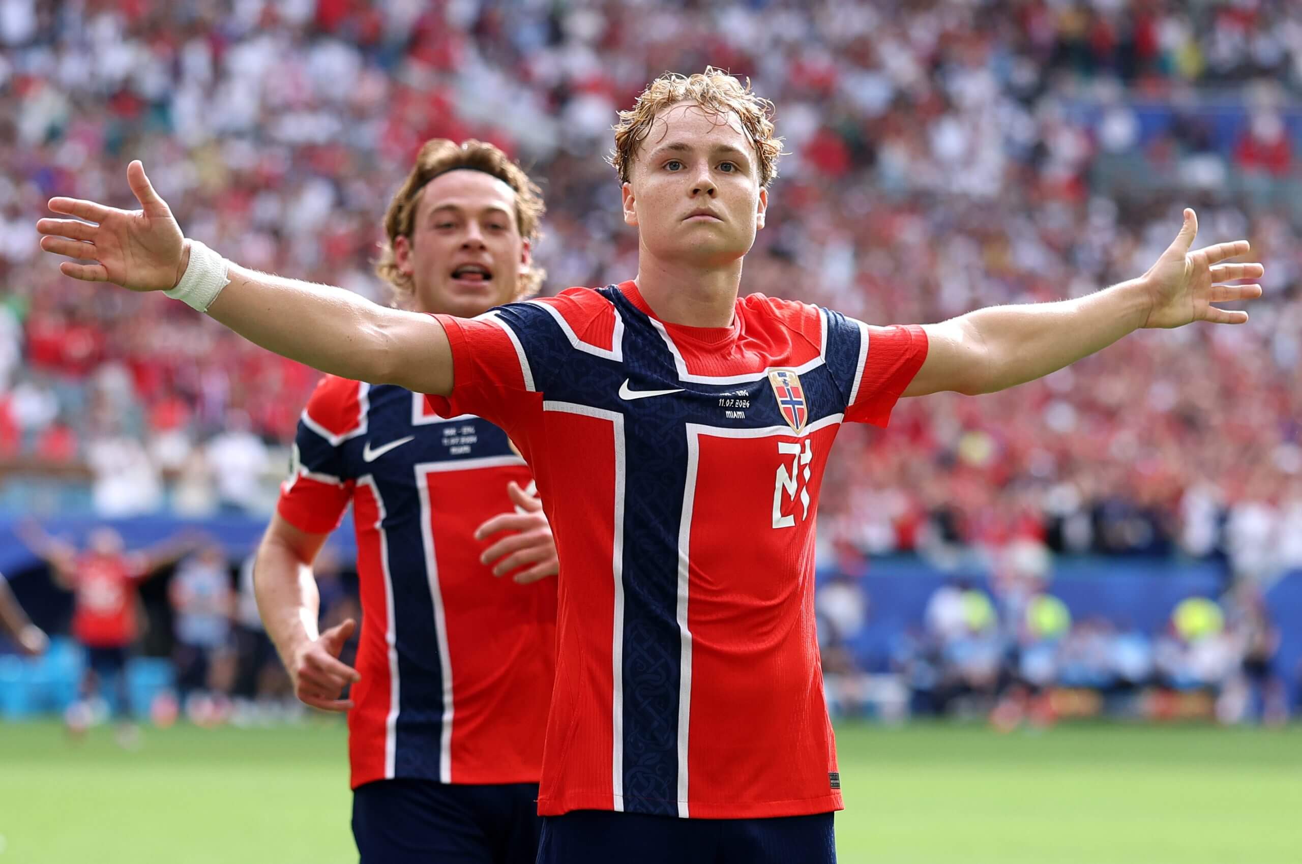 Andreas Schjelderup celebrates his goal against England