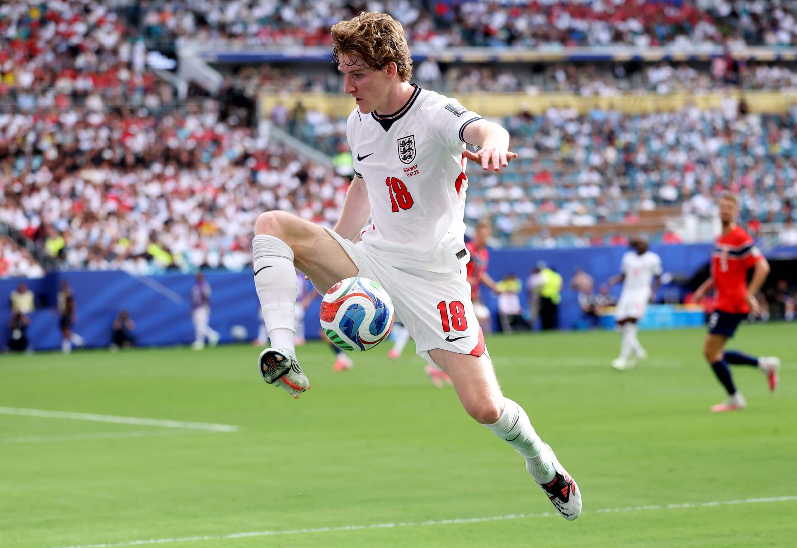 Anthony Gordon on the ball against Norway