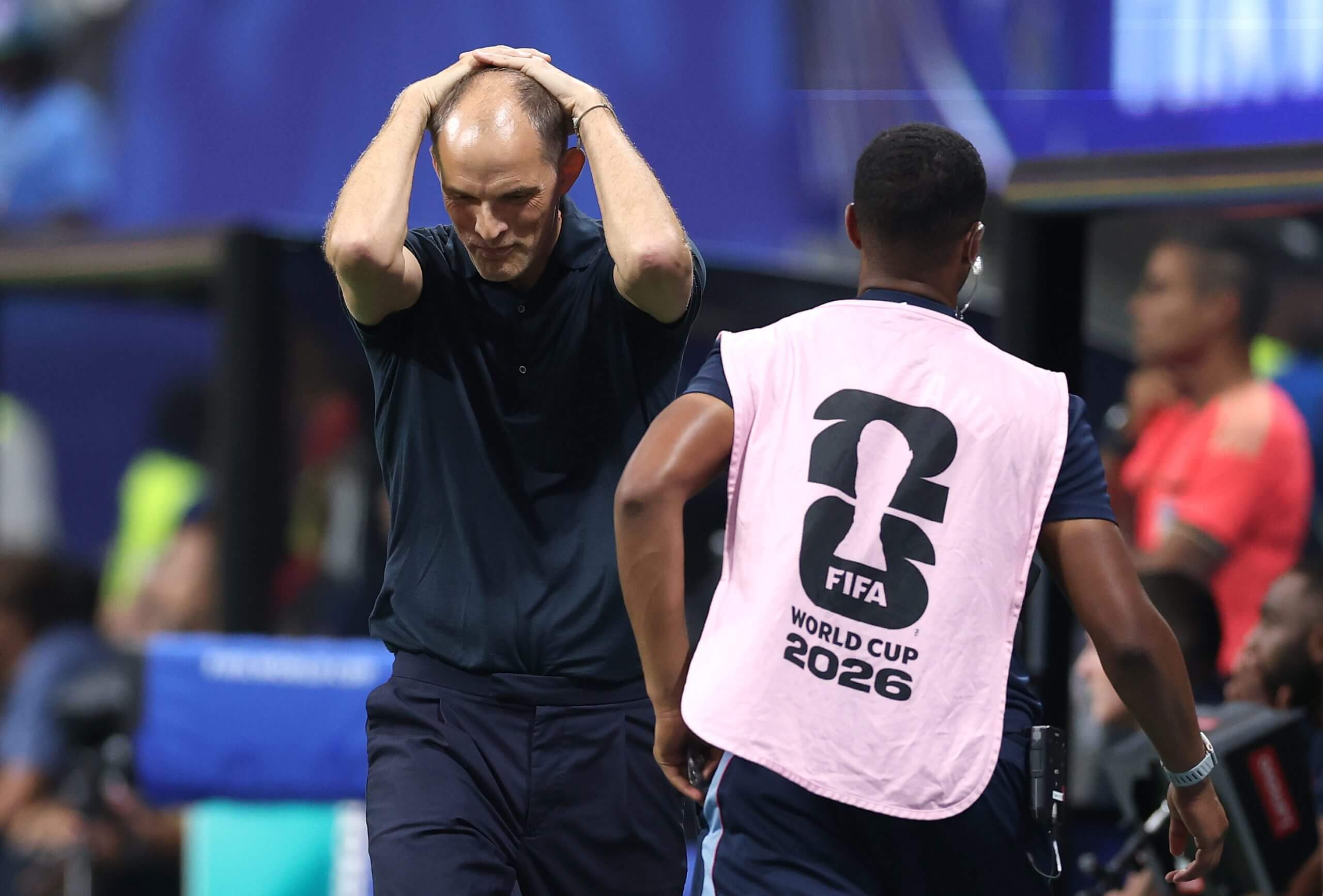 Thomas Tuchel shows his frustration during England's loss to Argentina by placing his hands on his head