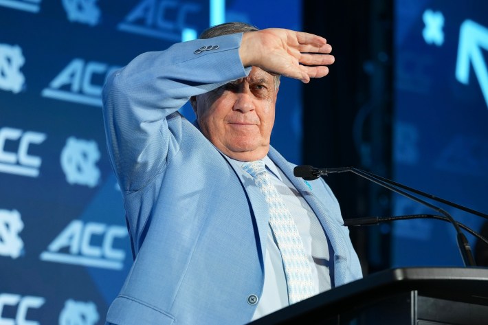 Head coach Bill Belichick of the North Carolina Tar Heels fields questions during the ACC Kickoff media days at Hilton Charlotte Uptown on July 17, 2026 in Charlotte, North Carolina