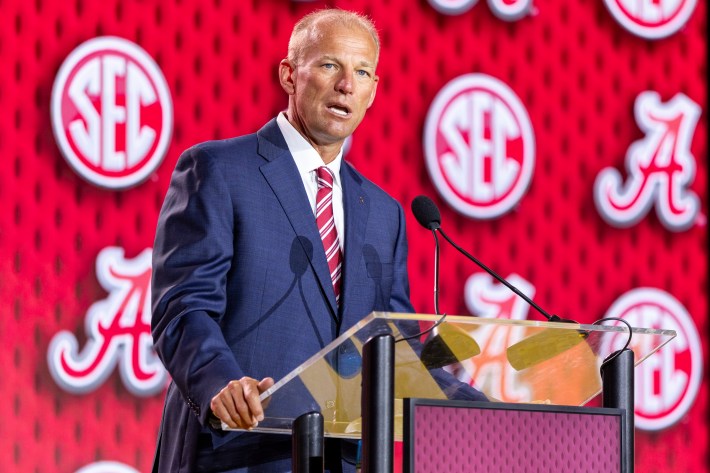 Head Coach Kalen DeBoer of the Alabama Crimson Tide speaks at SEC Football Kickoff Media Day at Tampa Marriott Water Street on July 22, 2026 in Tampa, Florida.