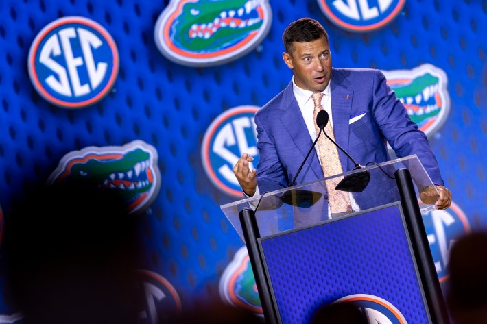 Head Coach Jon Sumrall of the Florida Gators speaks at SEC Football Kickoff Media Day at Tampa Marriott Water Street on July 22, 2026 in Tampa, Florida.