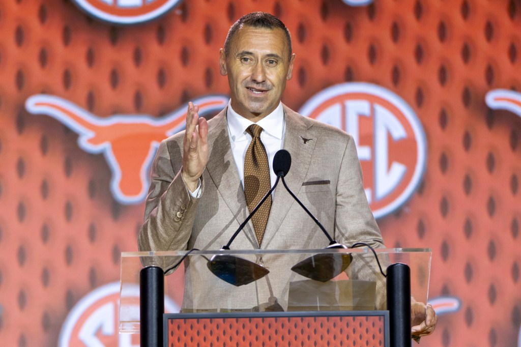 Head Coach Steve Sarkisian of the Texas Longhorns speaks at SEC Football Kickoff Media Day at Tampa Marriott Water Street on July 23, 2026 in Tampa, Florida. 