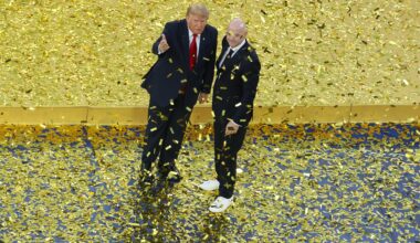 U.S. President Donald Trump and FIFA President Gianni Infantino look on after presenting the FIFA World Cup Winner's Trophy to Spain during the FIFA World Cup 2026 Final match between Spain and Argentina at New York New Jersey Stadium on July 19, 2026 in East Rutherford, New Jersey.