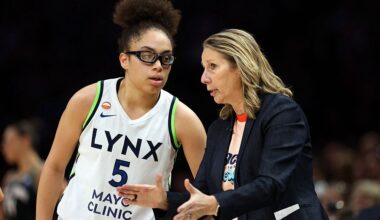 Head coach Cheryl Reeve talks to Olivia Miles #5 of the Minnesota Lynx in the fourth quarter against the New York Liberty at Target Center on July 11, 2026 in Minneapolis, Minnesota. The Lynx defeated the Liberty 90-85.