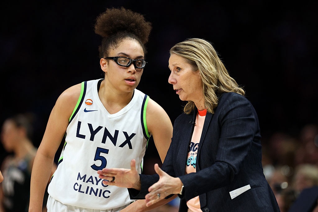 Head coach Cheryl Reeve talks to Olivia Miles #5 of the Minnesota Lynx in the fourth quarter against the New York Liberty at Target Center on July 11, 2026 in Minneapolis, Minnesota. The Lynx defeated the Liberty 90-85.