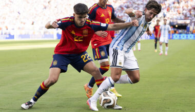 Pau Cubarsi #22 of Spain competes for the ball against Giuliano Simeone #17 of Argentina during the FIFA World Cup 2026 Final match between Spain and Argentina at New York New Jersey Stadium on July 19, 2026 in East Rutherford, New Jersey.