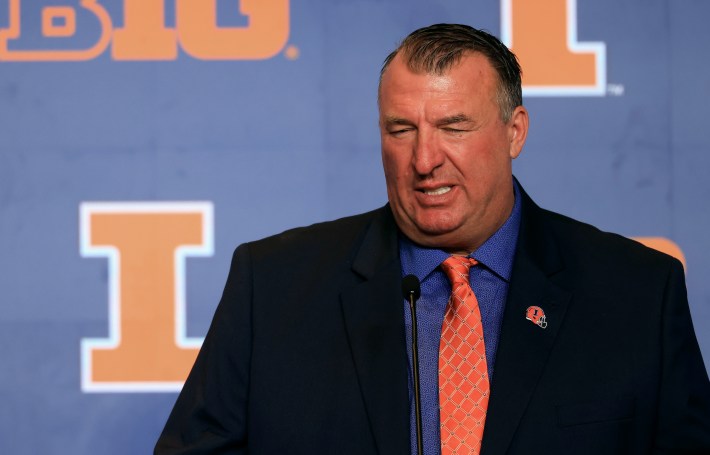 Bret Bielema of the Illinois Fighting Illini speaks to the media during the 2026 Big Ten Football Media Days at Hilton Chicago on July 28, 2026 in Chicago, Illinois.