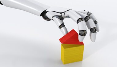 Robot hand building house with building blocks