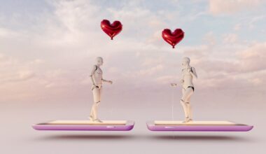 two humanoid robots holding heart-shaped balloons