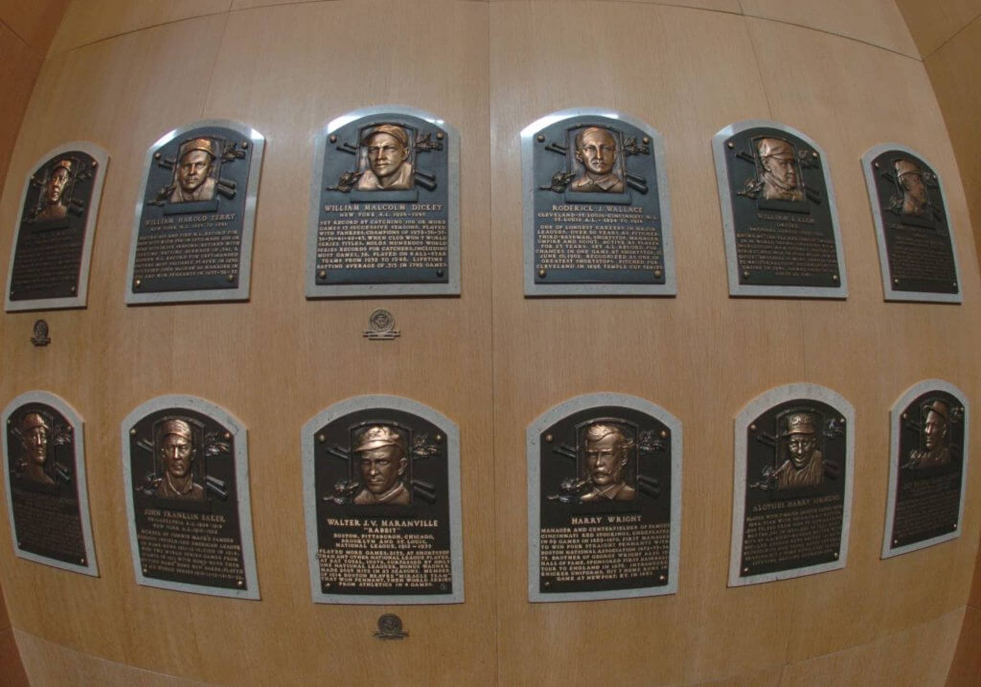 Plaques identify inductees into the Baseball Hall of Fame and Museum,
