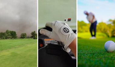 Tornado on the way (l) golfer escaping in golf cart (c) golfer playing in hole 15 (r)