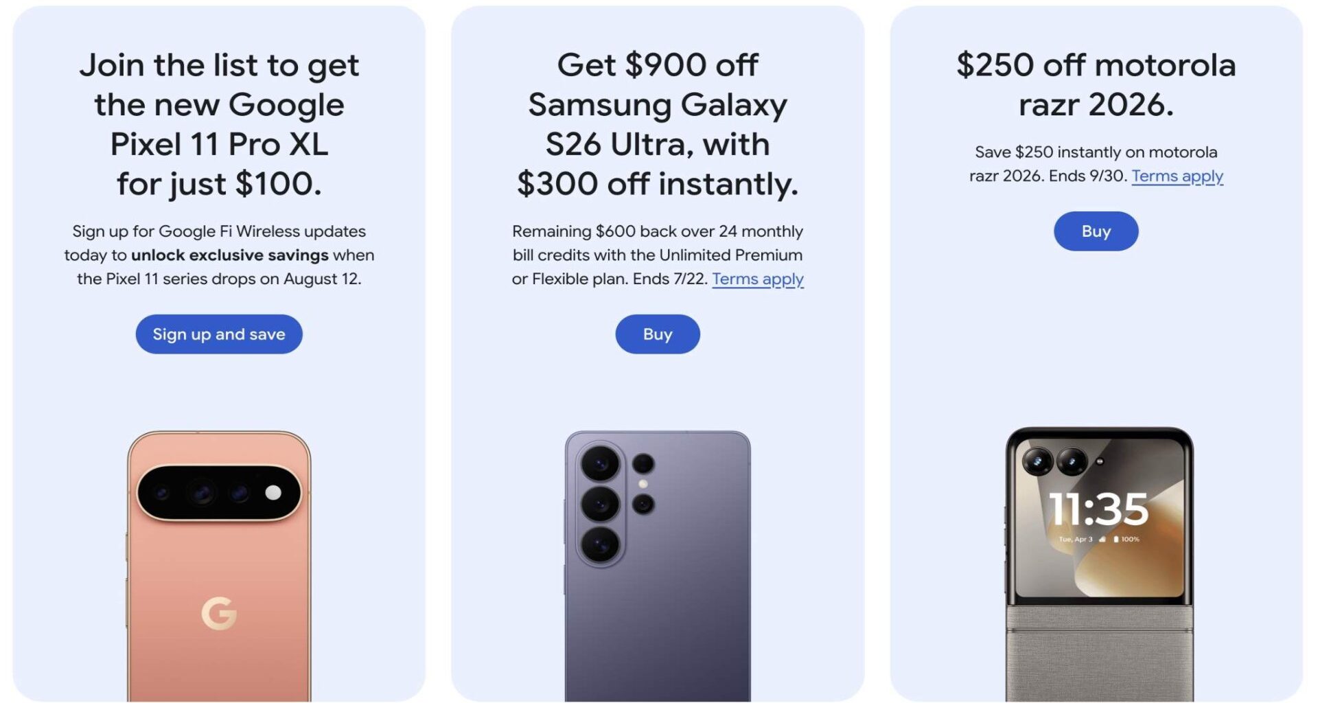 A screenshot of the Google Fi page showing a Pixel 11 Pro XL promotion.