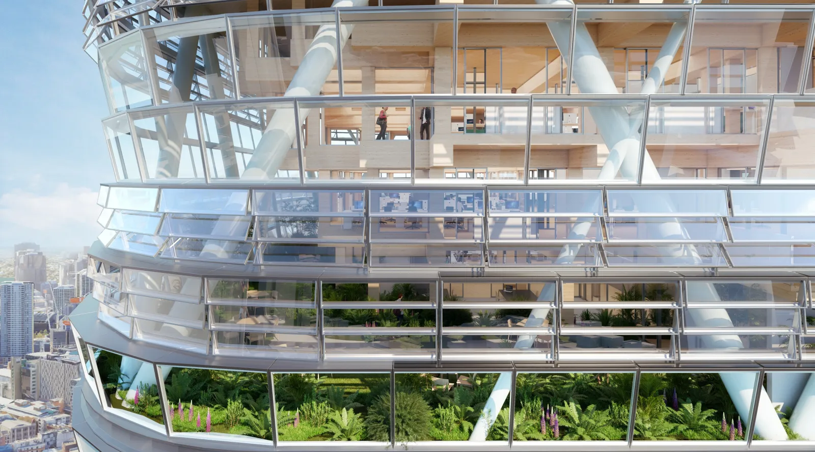 A rendering of a close-up view of the exterior of Atlassian Central.