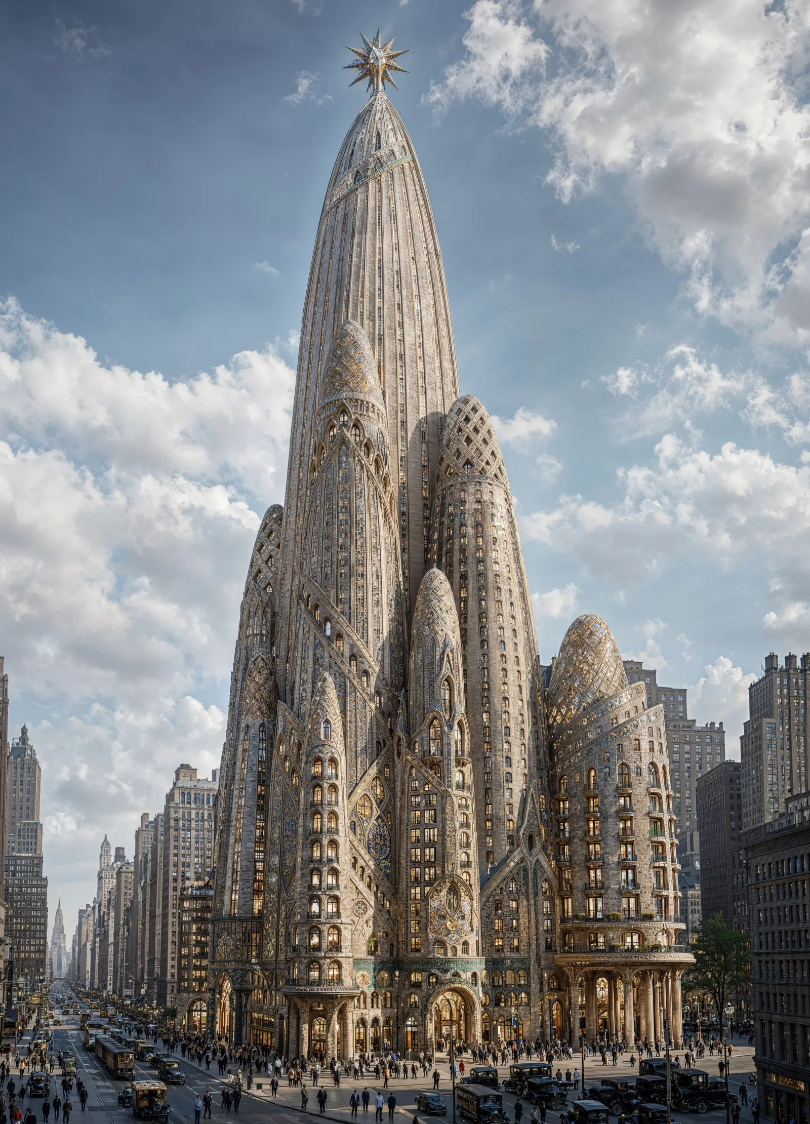 A view of Antoni Gaudí's unrealized "Hotel Attraction" tower, reimagined in an AI rendering by Thierry Lechanteur.