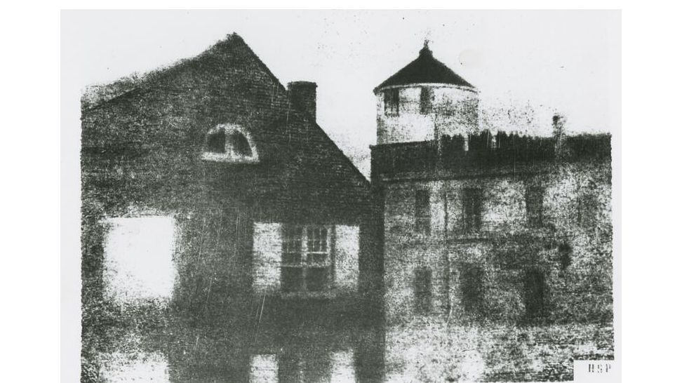 A scan of a daguerreotype of a school in Pennsylvania