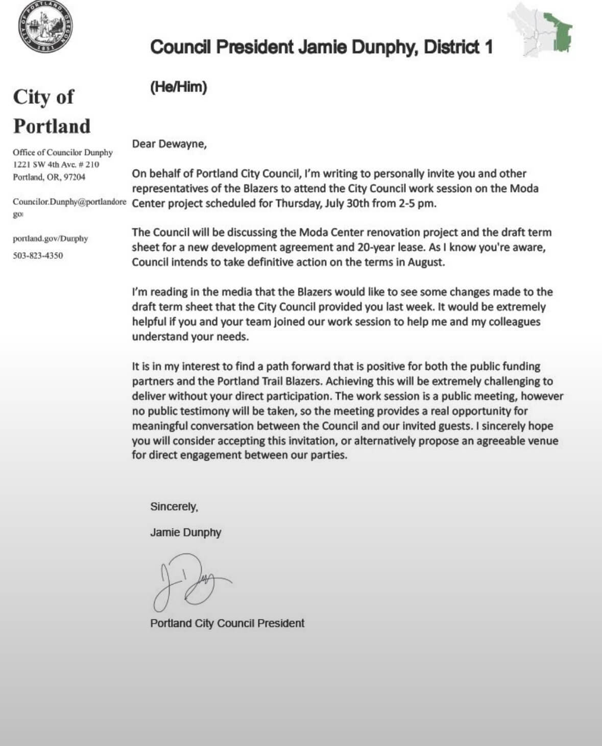 An image of a letter sent from the Portland City Council to the Portland Trail Blazers inviting the team to participate in a work session on the city's role in providing funds for a new lease on the Blazers' arena.