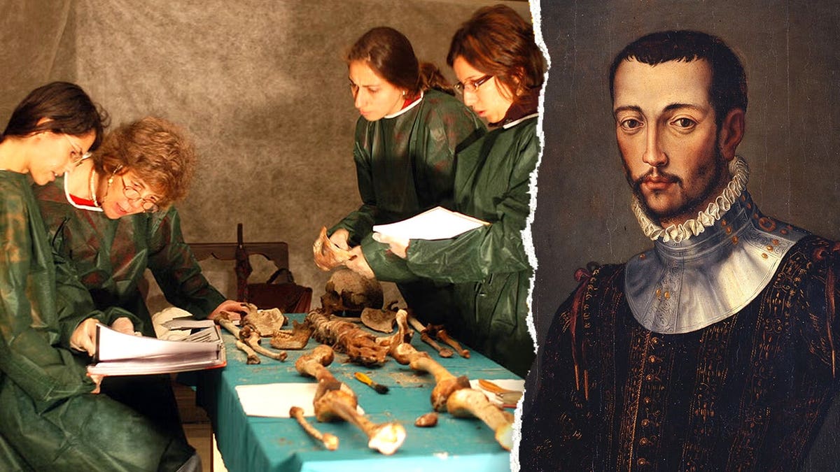 Split image of researchers working next to portrait of Francesco I de' Medici