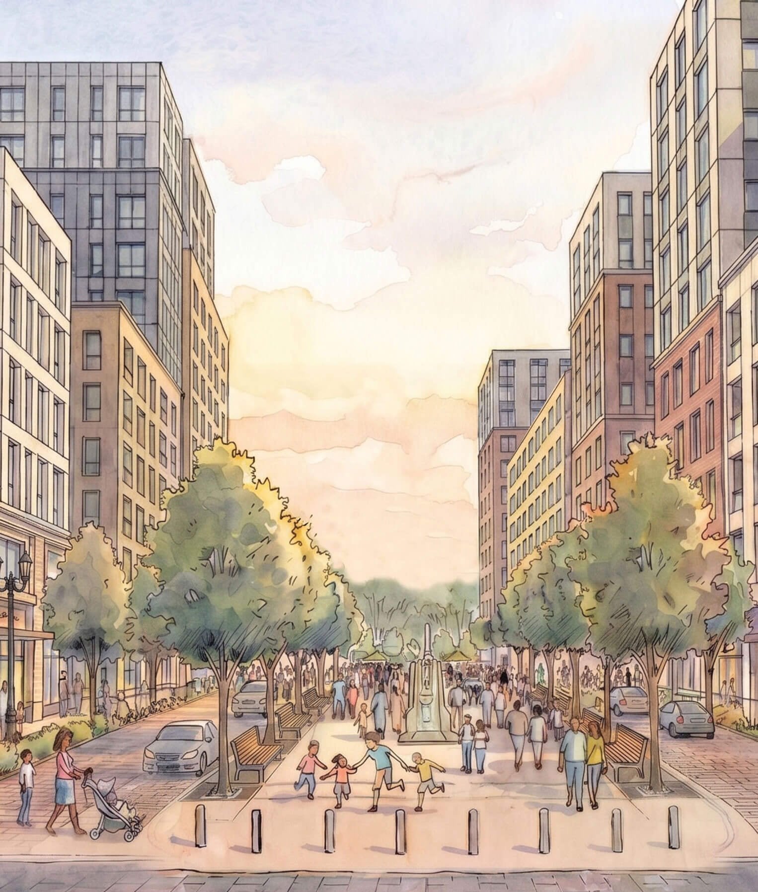 in the robert f kennedy campus masterplan wide islands will provide pedestrian space between traffic lane