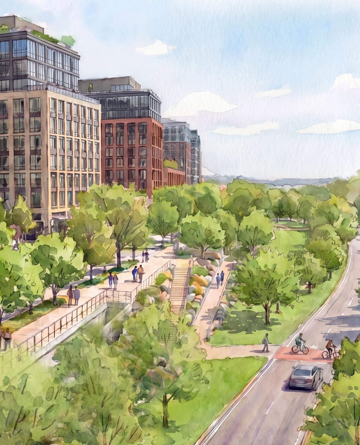 rendering of landscaping and buildings for rober f kennedy campus
