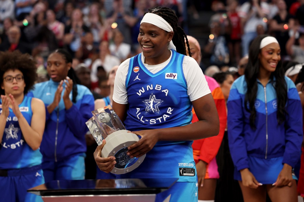 Jonquel Jones is all smiles after winning the MVP award at the All-Star Game on July 25, 2026 in Chicago.