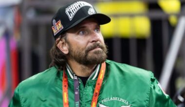 Philadelphia Eagles fan Bradley Cooper looks on against the Kansas City Chiefs during Super Bowl LIX at Ceasars Superdome.