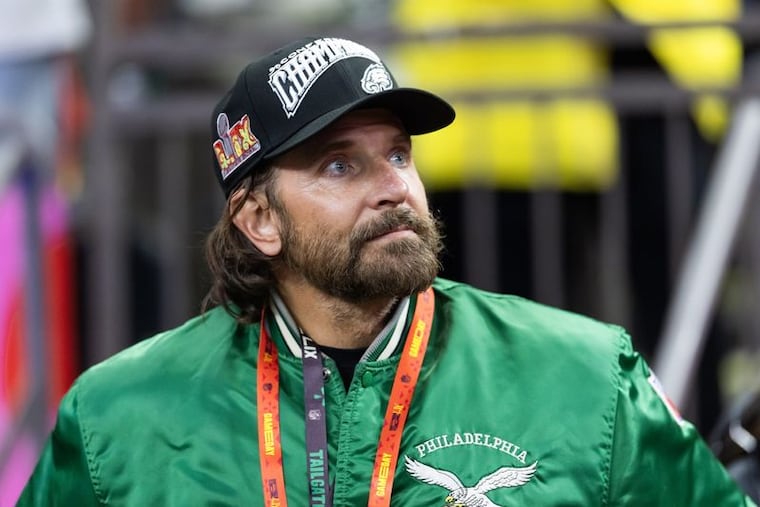 Philadelphia Eagles fan Bradley Cooper looks on against the Kansas City Chiefs during Super Bowl LIX at Ceasars Superdome.