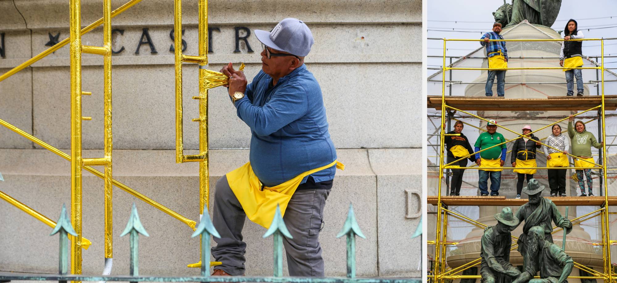 man wraps metal scaffolding in gold mylar, group poses on scaffolding