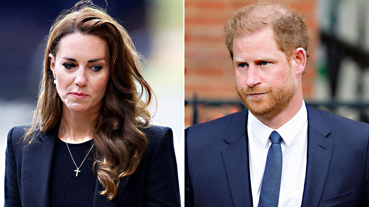 A split side-by-side image of Kate Middleton and Prince Harry.