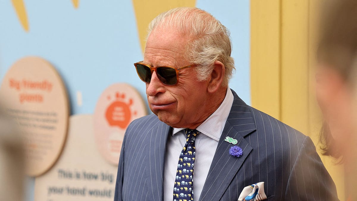 King Charles in a grey suit with sunglasses taking a deep breath.