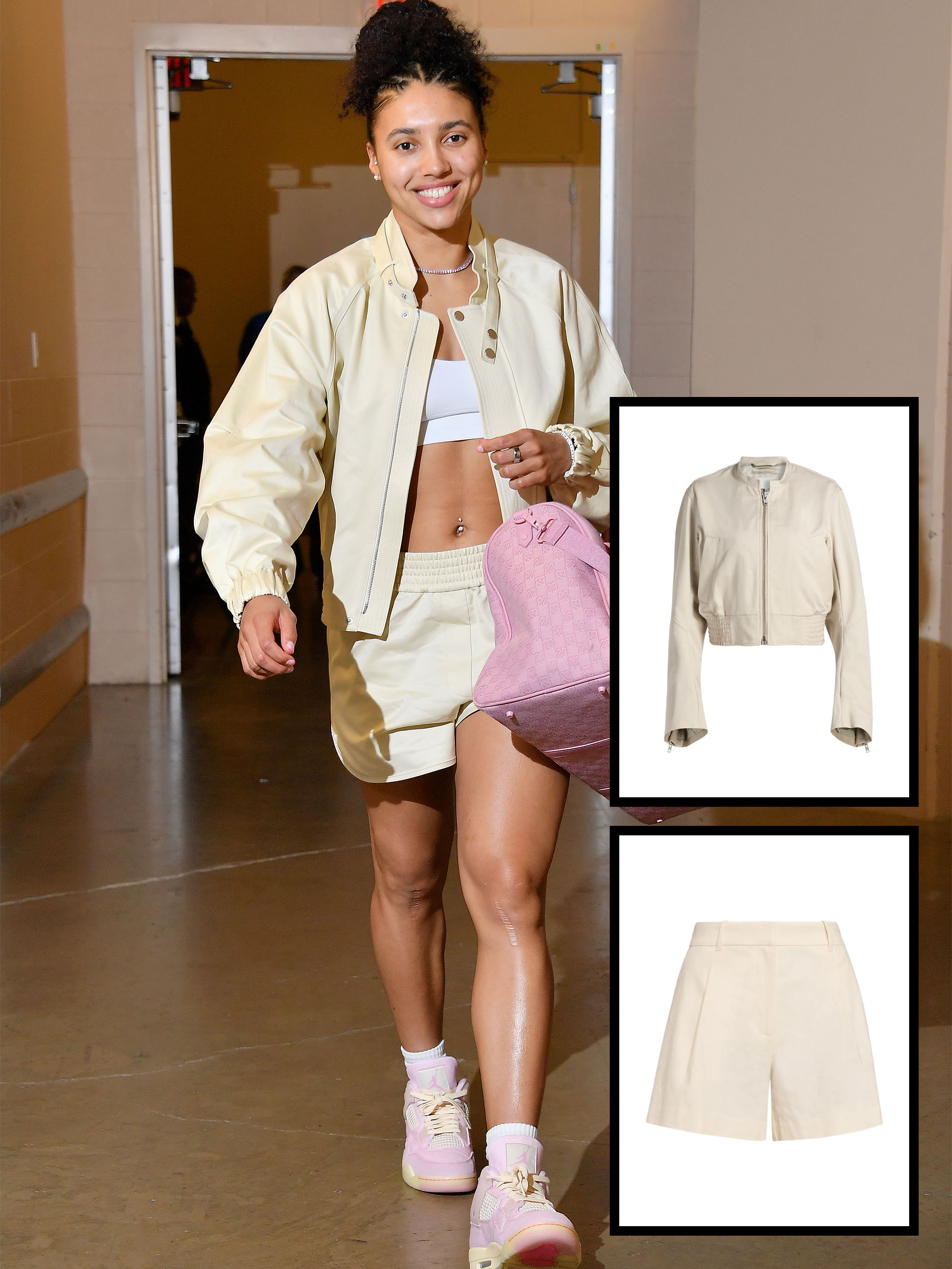 Azzi Fudd wearing a cream Helmut Lang set, pink Jordan sneakers, and a pink bag.