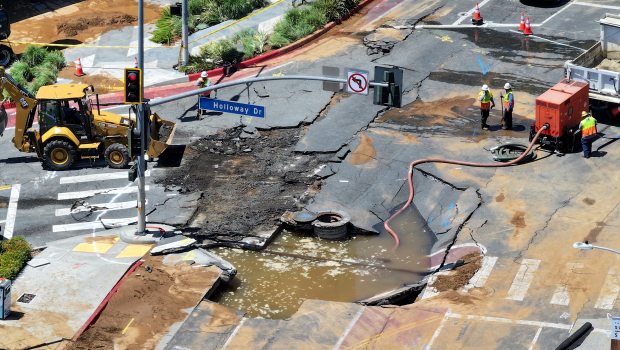 A major West Hollywood water main break opens sinkholes, closes multiple streets at Sunset Blvd. and Holloway Dr. On Thursday, July 16, 2026.  (Photo by Dean Musgrove, Los Angeles Daily News/SCNG)