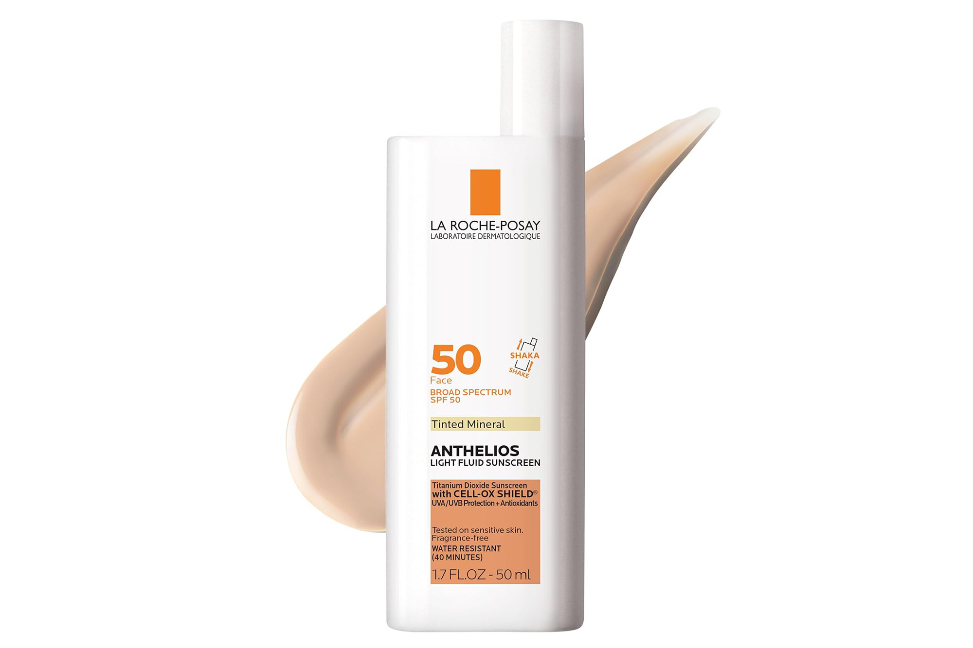 La Roche-Posay Anthelios 50 Mineral Tinted Ultra-Light Sunscreen Fluid bottle with a swatch of the product.