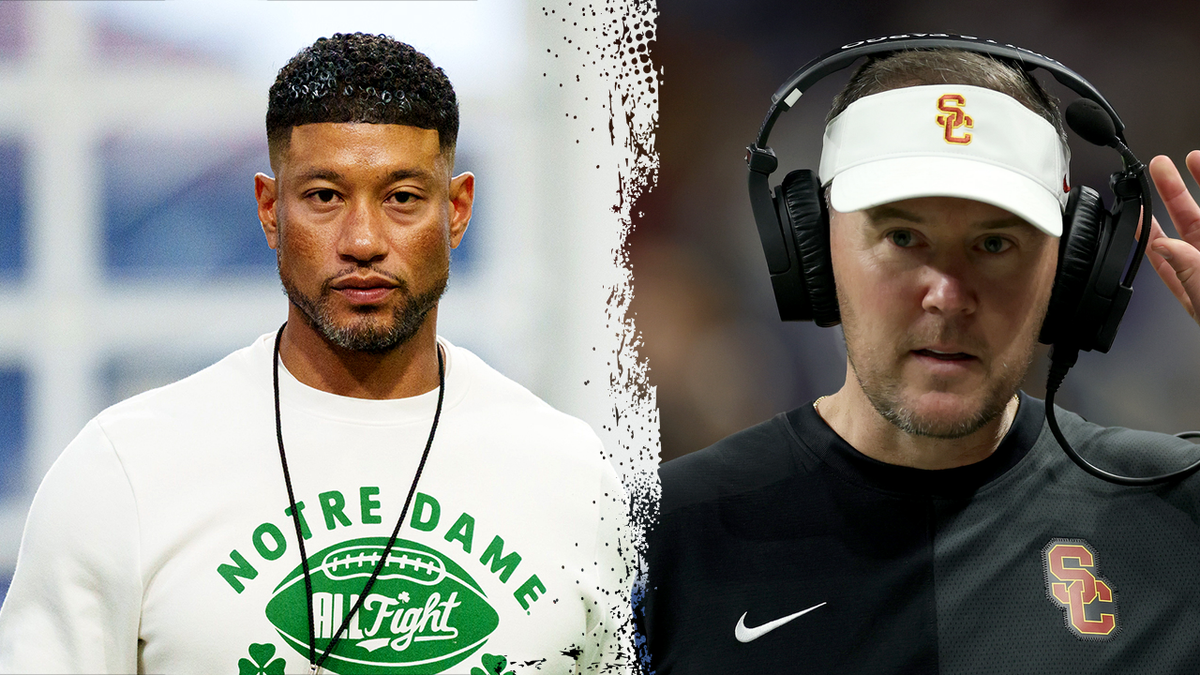 Notre Dame head coach Marcus Freeman, USC head coach Lincoln Riley
