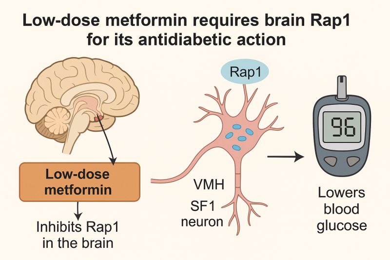 Metformin acts in the brain to lower blood glucose by suppressing the RAP1 protein