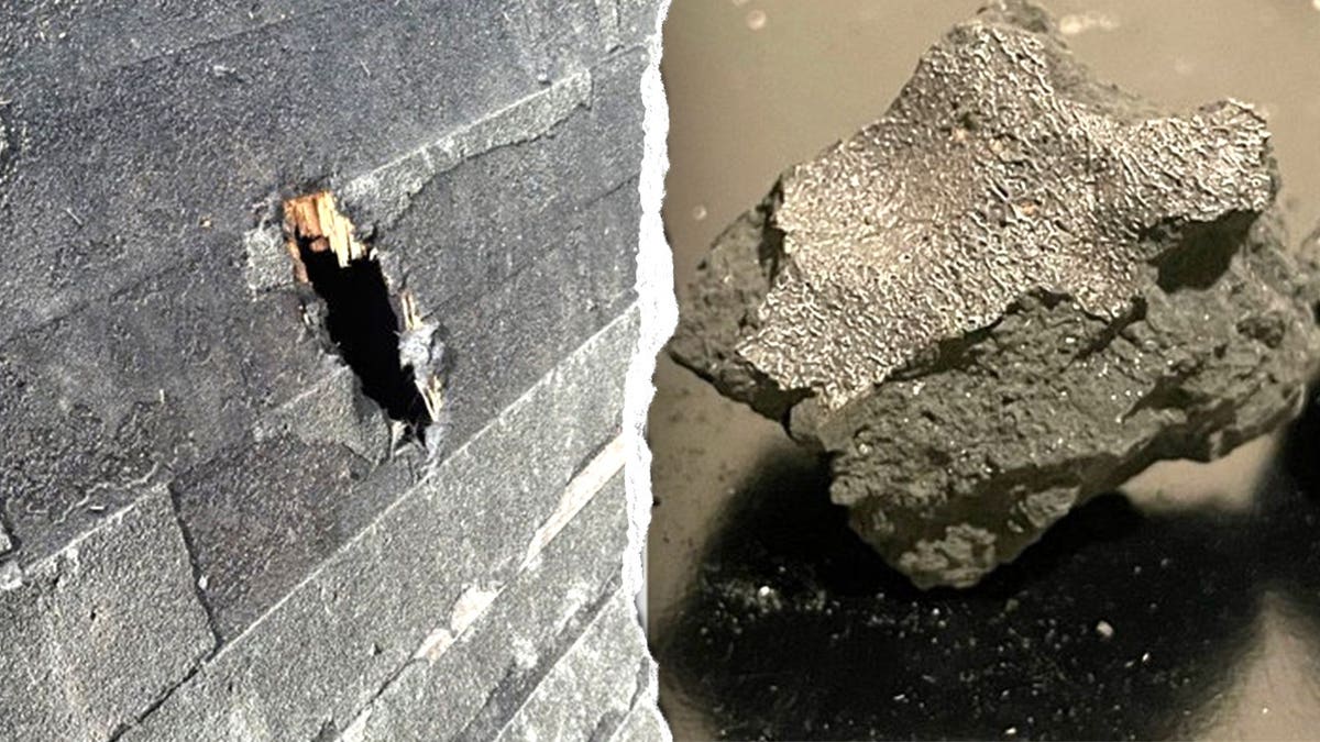 View of roof damage, close up of Hillsborough meteorite