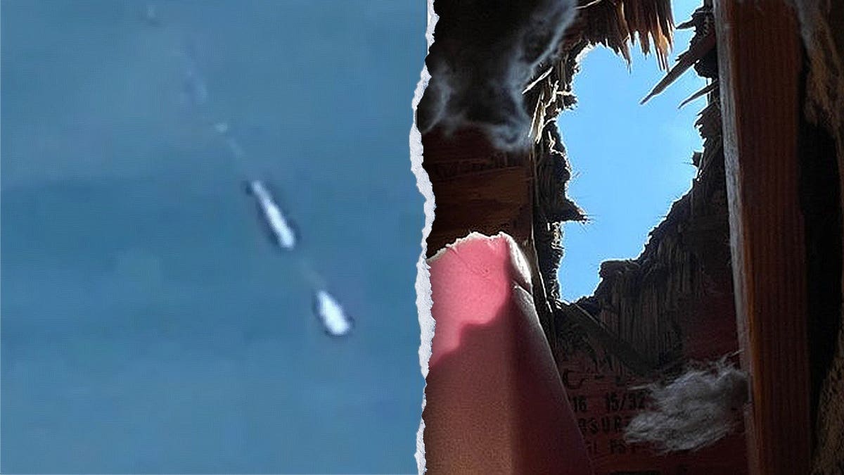 Split image of meteorite in sky, hole in roof