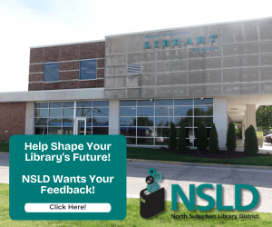 Exterior of a library building with a teal feedback banner reading 'Help Shape Your Library's Future! NSLD Wants Your Feedback! Click Here!' and the NSLD logo in the corner/bottom-right area.