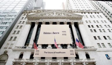 a photo of Hims and Hers banner outside the New York Stock Exchange.