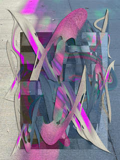 Billy Clifton-Strawn's artwork "Navigating Through the Chaos," pink and gray abstract forms over a sidewalk.