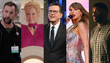 Noah Wyle in The Pitt, Jean Smart in Hacks, Stephen Colbert on The Late Show, Taylor Swift in Taylor Swift: The Eras Tour — The Final Show and Colman Domingo in Euphoria