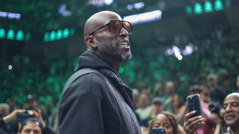 Former Minnesota Timberwolves player Kevin Garnett is introduced before an NBA basketball game between the New Orleans Pelicans and the Minnesota Timberwolves Sunday, April 12, 2026, in Minneapolis.