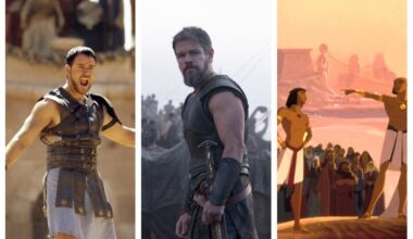 Russell Crowe in "Gladiator," Matt Damon in "The Odyssey" and a scene from "The Prince of Egypt."