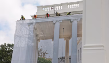 White House puts up scaffolding to work on columns