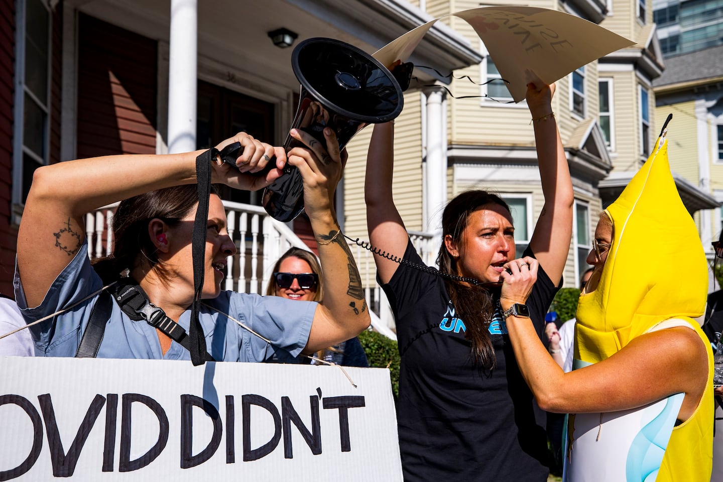 Nurses chant "No nurses, no party" on the first day of their strike.