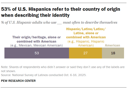 A bar chart showing 53% of U.S. Hispanics refer to their country of origin when describing their identity